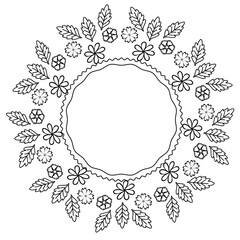 Round black frame with a floral pattern on a white background in doodle style