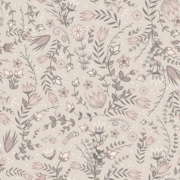 Graceful and delicate fairy-core floral pattern on neutral cream. Whimsical Scandinavian design in pastel pink and green harmonious colors. Elegant hand-drawn composition in a cute fantasy style.