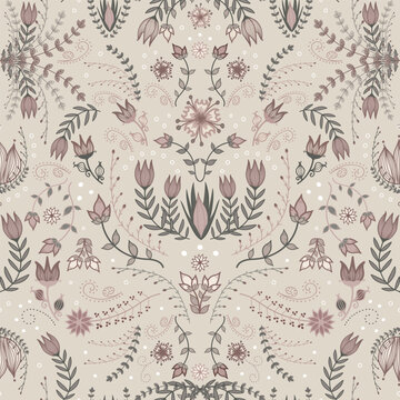 Elegant Scandinavian folk art floral pattern on antique beige with muted pastel pink and light green. Detailed, whimsical botanical illustration with symmetrical flower motifs. Dreamy and sophisticate