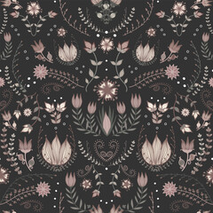 Gothic cottage-core floral pattern in blush pink on black. Elegant, detailed botanical design with whimsical Scandinavian folk art and sophisticated feel. Fairy-core hand-drawn symmetrical pattern.