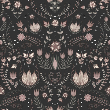 Gothic cottage-core floral pattern in blush pink on black. Elegant, detailed botanical design with whimsical Scandinavian folk art and sophisticated feel. Fairy-core hand-drawn symmetrical pattern.