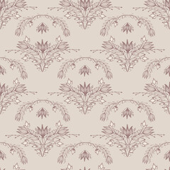 Seamless vintage Victorian floral pattern in dusty pink and faded burgundy on beige. Elegant Art Deco and botanical motifs with symmetrical arches, blend nature's beauty with sophisticated aesthetics.