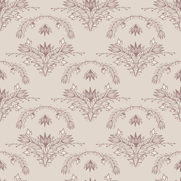 Seamless vintage Victorian floral pattern in dusty pink and faded burgundy on beige. Elegant Art Deco and botanical motifs with symmetrical arches, blend nature's beauty with sophisticated aesthetics.