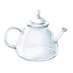 Glass teapot in watercolor illustration. Illustration on the theme of tea for packaging, postcards, cafes, herbal teas. Illustration isolated from the background