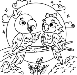 parrot next to female parrot on a tree.eps