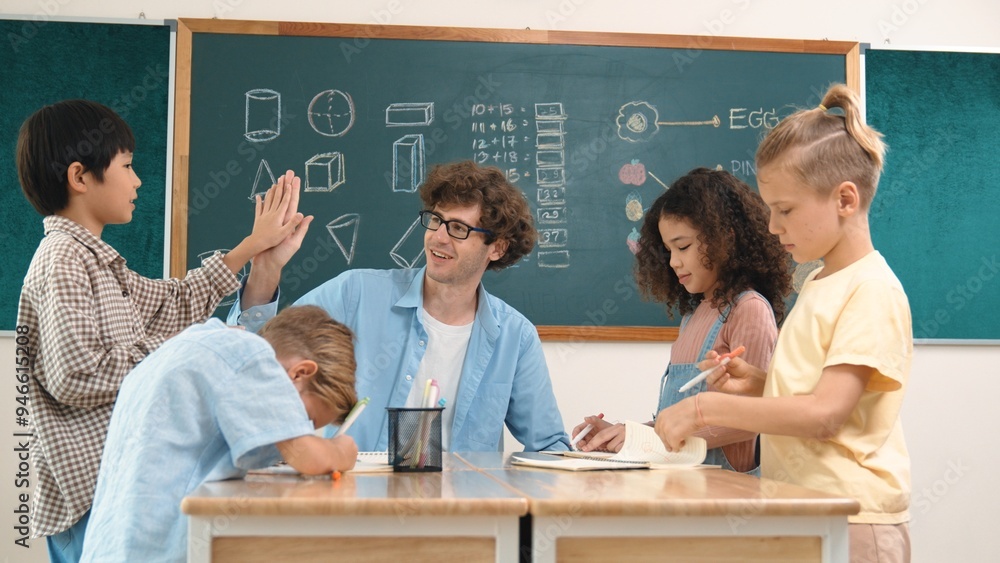 Poster caucasian teacher giving high five to encourage children to working together. group of diverse stude
