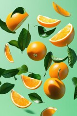 Obraz premium Vibrant oranges and green leaves on a green background.