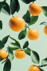 Orange fruits and green leaves floating against green.