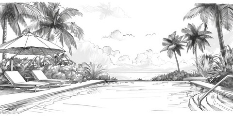 Tropical resort pool in black and white