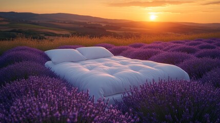 Lavender Field at Sunset with Bed Generative AI