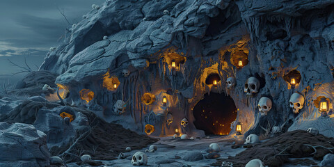 Obraz premium Hollowed Hideout: A secret underground lair carved into a rocky outcrop, illuminated by flickering lanterns and adorned with animal skulls.