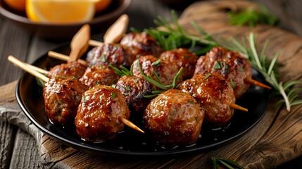 A plate of grilled meatballs on skewers garnished with herbs, served on a wooden table.