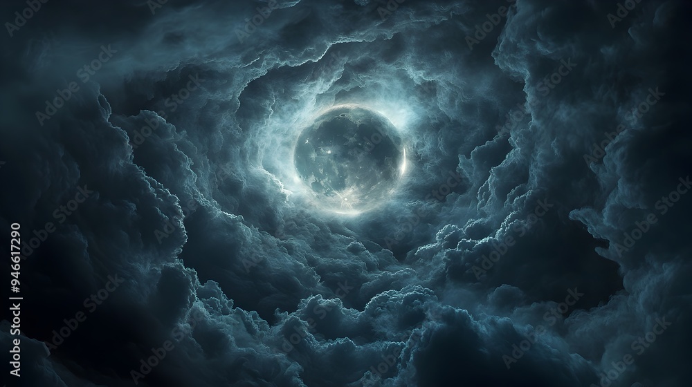 Poster a conceptual image of the moon partially obscured by swirling ethereal clouds with its soft glowing 