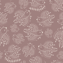 Boho white line-art bird pattern on muted dusty pink. Whimsical folk-style mauve purple sparrow design. Elegant hand-drawn Scandinavian cottage-core illustration with intricate floral motifs and dots.