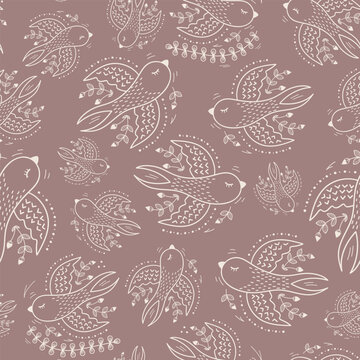 Boho white line-art bird pattern on muted dusty pink. Whimsical folk-style mauve purple sparrow design. Elegant hand-drawn Scandinavian cottage-core illustration with intricate floral motifs and dots.