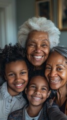 A group of people smiling and looking at the camera. AI.