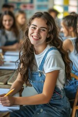 Fototapeta premium A young woman smiles while writing in a notebook. AI.