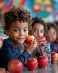 Fototapeta premium A young boy smiles as he holds a red apple. AI.