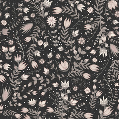 Floral Scandinavian boho pattern with delicate motifs in pastel pink and green on black. Cottage-core whimsical design with intricate details. Sophisticated romantic art in cute fantasy style.