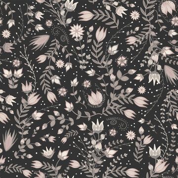 Floral Scandinavian boho pattern with delicate motifs in pastel pink and green on black. Cottage-core whimsical design with intricate details. Sophisticated romantic art in cute fantasy style.