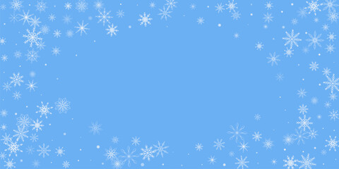 Snowflakes. Snow, snowfall. Falling scattered white snowflakes on a blue background.