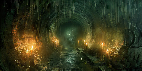 Obraz premium Narrow Passage: A claustrophobic tunnel leading to a hidden crypt, its walls illuminated by flickering candles and dripping with moisture.