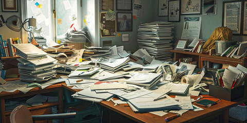 A cluttered desk with papers scattered about, creating a chaotic yet visually intriguing background for a work-related photo.