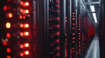 Rows of servers in a high-security data center with blinking lights and cables, showcasing the constant processing of massive amounts of data in a cold, controlled environment with an AI-powered