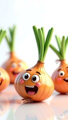A closeup of a group cartoon style onion smile icon with various facial expression   