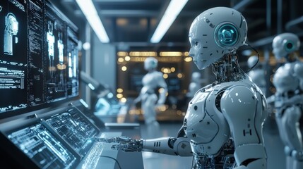 Fototapeta premium A robotics lab with engineers and AI-powered robots working side by side robots performing intricate tasks while engineers monitor and adjust AI models for optimal performance