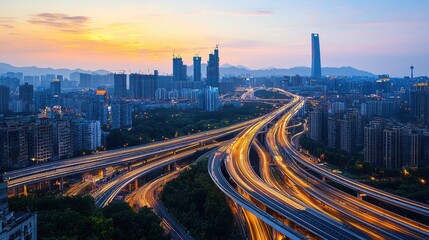 Obraz premium A smart city at dusk, with interconnected roads and buildings illuminated by energy-efficient lighting, showcasing the citys commitment to sustainability and green technology