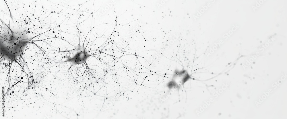 Poster abstract background with a neural network and neurons neon gradient style, light grey color, white b