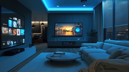 A smart home living room with AI-powered entertainment and lighting systems creating a personalized and comfortable environment for the family