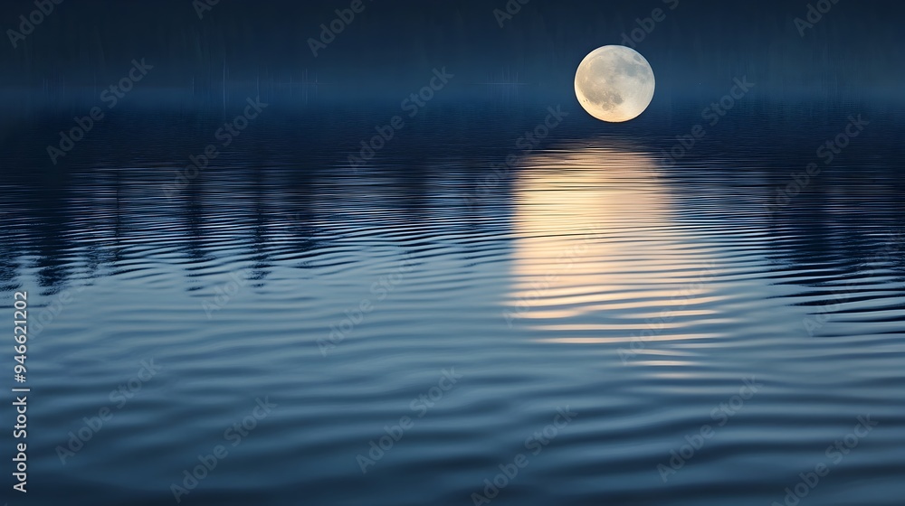 Poster conceptual image of the moon s soft ethereal reflection gently rippling across the surface of a calm
