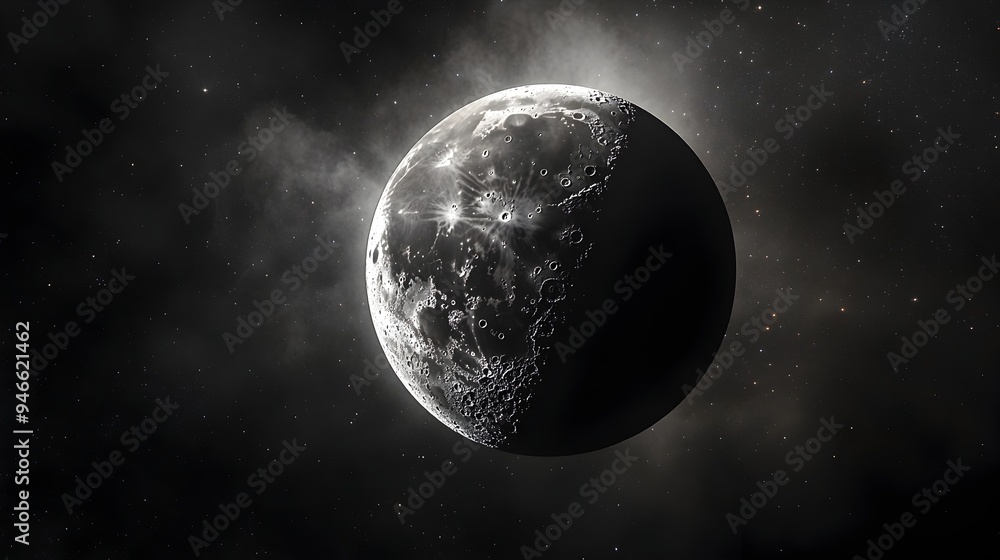 Poster conceptual image depicting the gradual eclipse of the moon with its surface slowly being covered in 