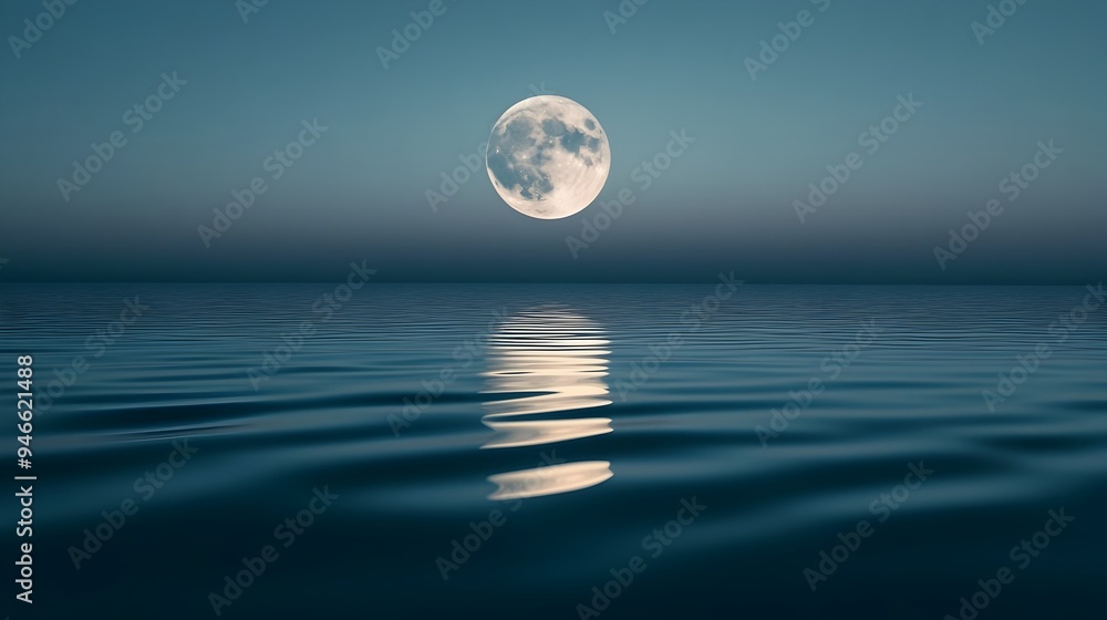 Poster ethereal moonlight gently reflecting off the calm glassy surface of a serene lake with delicate ripp