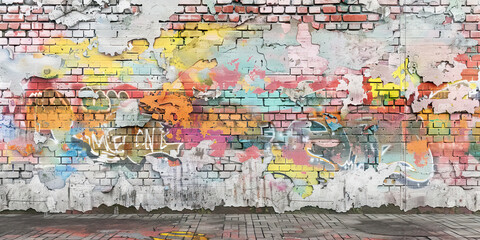 Fototapeta premium A brick wall adorned with peeling paint and vibrant graffiti, adding depth and character to an industrial-inspired scene.