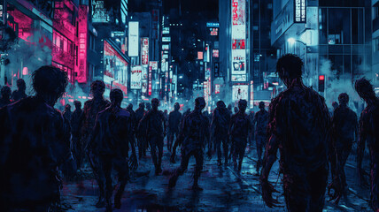 Obraz premium A horde of decaying zombies wander through a deserted city at night