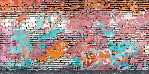 Fototapeta premium A brick wall adorned with peeling paint and vibrant graffiti, adding depth and character to an industrial-inspired scene.