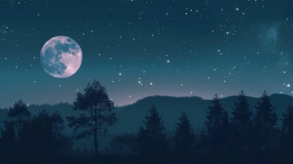 A captivating night background with a clear starry sky, a full moon casting a soft glow, and silhouettes of trees and mountains creating a tranquil and mysterious ambiance