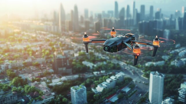 An autonomous drone flying overhead capturing high-resolution footage of a smart city below with AI-powered navigation and data processing systems ensuring precision and safety