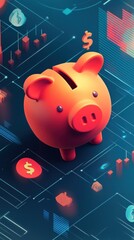 A vibrant piggy bank icon is showcased surrounded by various digital financial elements and graphs, representing modern savings and investment themes