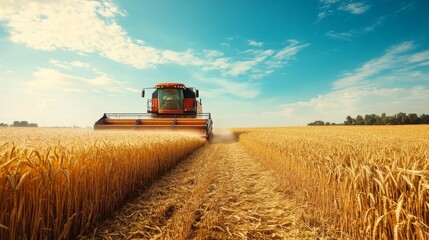 Fototapeta premium Harvester cutting wheat in field under blue sky