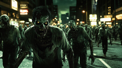 A horde of decaying zombies wander through a deserted city at night