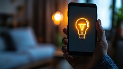 A person holding a smartphone with a bright idea lightbulb icon on the screen symbolizing innovation and creativity in the digital age in a modern, minimalist background