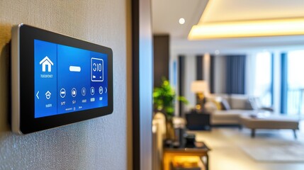 Naklejka premium A smart home control panel featuring touch-screen controls for lighting, temperature, and security showcasing the convenience and sophistication of modern smart home technology in a luxurious living