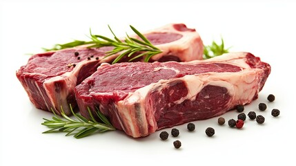 Fototapeta premium Two raw meat cuts with herbs and peppercorns on a white background.
