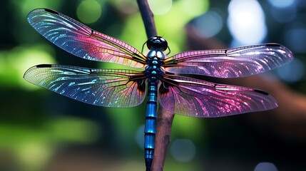 A mesmerizing close-up of the iridescent wings of a dragonfly, showcasing the intricate details and vibrant colors in high definition.