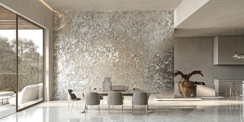 A textured wallcovering with a metallic finish, reflecting light and adding dimension to a contemporary dining room or living space.