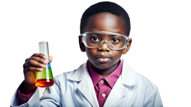 Young Boy Scientist Holding Beaker With Colorful Liquid During Science Experiment - Powered by Adobe